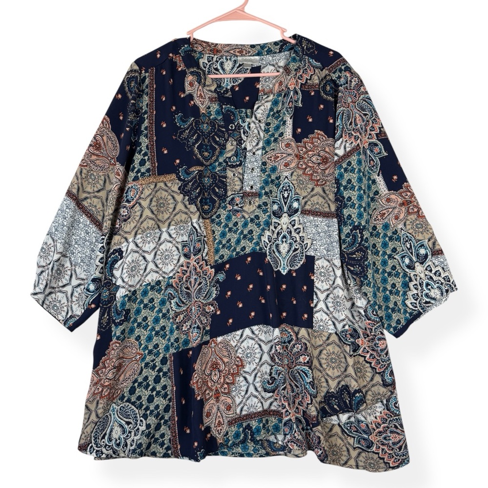 Avenue Blouse Womens 18/20 Blue Patchwork Floral 3/4 Sleeves